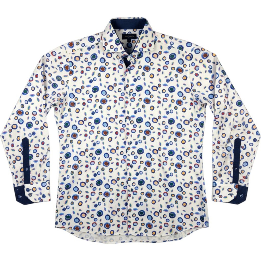 Axxess Button Up Shirt Mens Large White Multicolor Abstract Circle Long‎ Sleeve